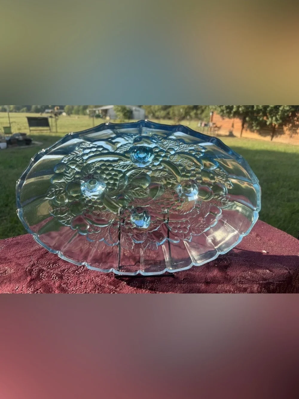 VINTAGE BLUE INDIANA GLASS OVAL FRUIT BOWL FOOTED INDIANA HARVEST MINT CONDITION